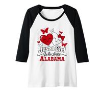 Womens Just a Girl Who Loves Alabama Hearts Butterflies Raglan Baseball Tee