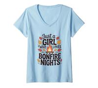 Womens Just A Girl Who Loves Bonfire Nights Autumn Vibes V-Neck T-Shirt