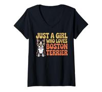 Womens Just A Girl Who Loves Boston Terrier Retro 70s V-Neck T-Shirt