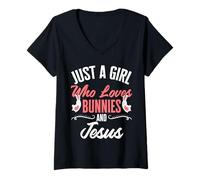 Womens Just A Girl Who Loves Bunnies And Jesus Bunny Easter Rabbit V-Neck T-Shirt