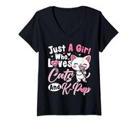 Womens Just A Girl Who Loves Cats K-Pop Cat Lover Korean Fan V-Neck T-Shirt
