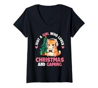 Womens Just A Girl Who Loves Christmas and Gaming - Xmas Gamer V-Neck T-Shirt
