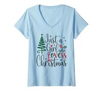 Womens Just a Girl Who Loves Christmas Women Girls Merry Xmas V-Neck T-Shirt