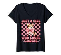 Womens Just A Girl Who Loves Corgis Corgi Dog Coquette Bow V-Neck T-Shirt