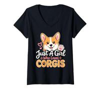 Women's Just A Girl Who Loves Corgis Welsh Corgi Mom V-Neck T-Shirt