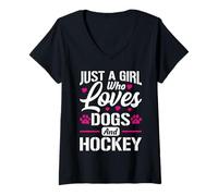 Womens Just A Girl Who Loves Dogs and Ice Hockey Funny Pet Lover V-Neck T-Shirt