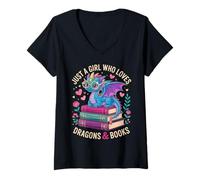 Womens Just a Girl Who Loves Dragons and Books Fantasy Reading Vibe V-Neck T-Shirt