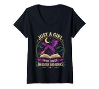 Women's Just A Girl Who Loves Dragons and Books Romantasy Reader V-Neck T-Shirt