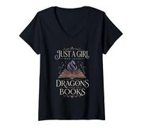 Women's Just A Girl Who Loves Dragons and Books Romantasy Reader V-Neck T-Shirt