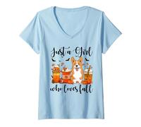 Womens Just A Girl Who Loves Fall Corgi Dog Pumpkin Cozy Autumn V-Neck T-Shirt