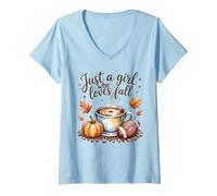 Womens Just a Girl Who Loves Fall Season Football Coffee Pumpkin V-Neck T-Shirt