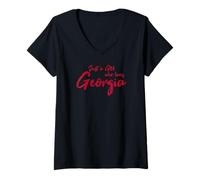 Womens Just a Girl who Loves Georgia. Cute and Fun Game Day V-Neck T-Shirt
