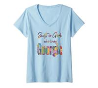 Women's Just a Girl Who Loves Georgia Patchwork Fun, Cute Georgia V-Neck T-Shirt
