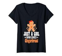 Womens Just A Girl Who Loves Gingerbread Funny Gingerbread Cookie V-Neck T-Shirt