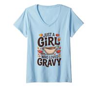 Womens Just A Girl Who Loves Gravy Thanksgiving Fall Foodie V-Neck T-Shirt