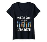 Womens Just a Girl Who Loves Hanukkah Jewish Chanukah Men Women Kid V-Neck T-Shirt