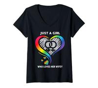 Womens Just A Girl Who Loves Her Wifey Lesbian Lgbt Heart V-Neck T-Shirt