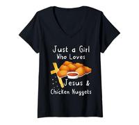 Womens Just A Girl Who Loves Jesus and Chicken Nuggets V-Neck T-Shirt