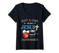 Womens Just A Girl Who Loves Jesus and Chicken Nuggets V-Neck T-Shirt