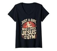 Womens Just a Girl Who Loves Jesus & Gym Christian Faith Fitness V-Neck T-Shirt