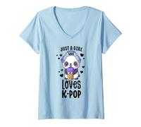 Womens Just A Girl Who Loves K-Pop Shirt Gift Kawaii Boba And KPop V-Neck T-Shirt