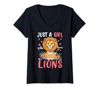 Womens Just a Girl Who Loves Lions Wildlife Safari Cute Lion V-Neck T-Shirt