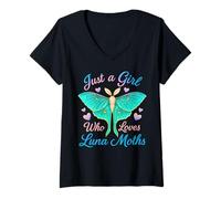 Womens Just A Girl Who Loves Luna Moths Vibrant Moth Art Graphic V-Neck T-Shirt