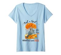 Womens Just A Girl Who Loves Manatees and Fall Funny Thanksgiving V-Neck T-Shirt