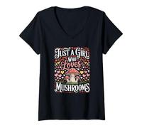 Women's Just a Girl who Loves Mushrooms and cottagecore toadstools V-Neck T-Shirt