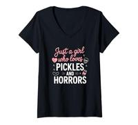 Womens Just a Girl Who Loves Pickles and Horrors Funny Halloween V-Neck T-Shirt