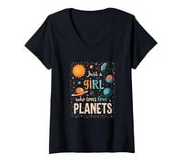 Womens Just a Girl Who Loves Planets | Cute Outer Space Design V-Neck T-Shirt