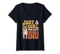 Womens Just A Girl Who Loves Shiba Inu Retro 70s Doge V-Neck T-Shirt