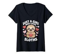 Womens Just A Girl Who Loves Sloths Cute Sloth V-Neck T-Shirt