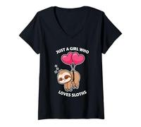 Womens Just a Girl Who Loves Sloths - Funny Sloth Lover V-Neck T-Shirt