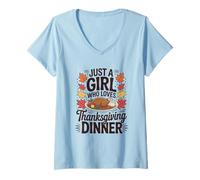 Womens Just A Girl Who Loves Thanksgiving Dinner Autumn V-Neck T-Shirt