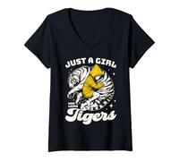 Womens Just a Girl Who Loves Tigers Cute Girl and Tiger Hug V-Neck T-Shirt
