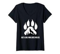 Womens Just a Girl Who Loves Wolves Paw Print Wild Woman Daughter V-Neck T-Shirt