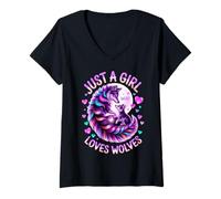 Womens Just A Girl Who Loves Wolves Purple Butterfly Cute Wolf Cub V-Neck T-Shirt