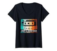 Womens Just A Good Dad with A Hood Playlist Funny Retro Music Lover V-Neck T-Shirt