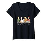 Womens Just A Jolly Goose and Cats Funny Christmas Goose Cat Lovers V-Neck T-Shirt