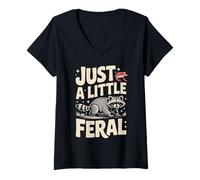 Women's Just A Little Feral Raccoon Bird Frog Humor V-Neck T-Shirt