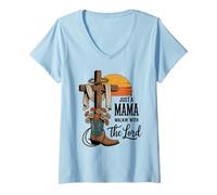Womens Just a Mama Walkin' with the Lord Western Cross Sunset Tee V-Neck T-Shirt