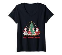 Womens Just A Merry Goose Christmas Tree Goosemas Santa Geese Xmas V-Neck T-Shirt