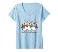 Womens Just A Merry Penguin Christmas Holiday Cozy Winter Animals V-Neck T-Shirt