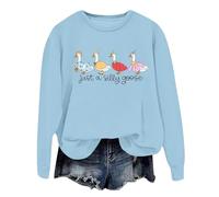 Women's Just A Silly Goose Sweatshirts Long Sleeve Drop Shoulder Shirts Crewneck Loose Fit Pullover Sweatshirt, Funny Thankful Goose Thanksgiving Pullover Blue