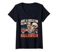 Womens Just a Skeleton Killing Time Til Halloween V-Neck T-Shirt