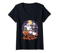 Womens Just a Spooky Goose Haunted Moonlight Scene Halloween V-Neck T-Shirt