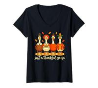 Womens Just A Thankful Goose Funny Pilgrim Thanksgiving Matching V-Neck T-Shirt