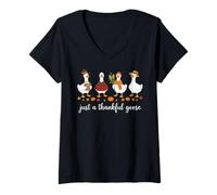 Womens Just A Thankful Goose Funny Thanksgiving Goose Fall Harvest V-Neck T-Shirt