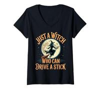 Womens Just a Witch Who Can Drive a Stick Halloween Women V-Neck T-Shirt